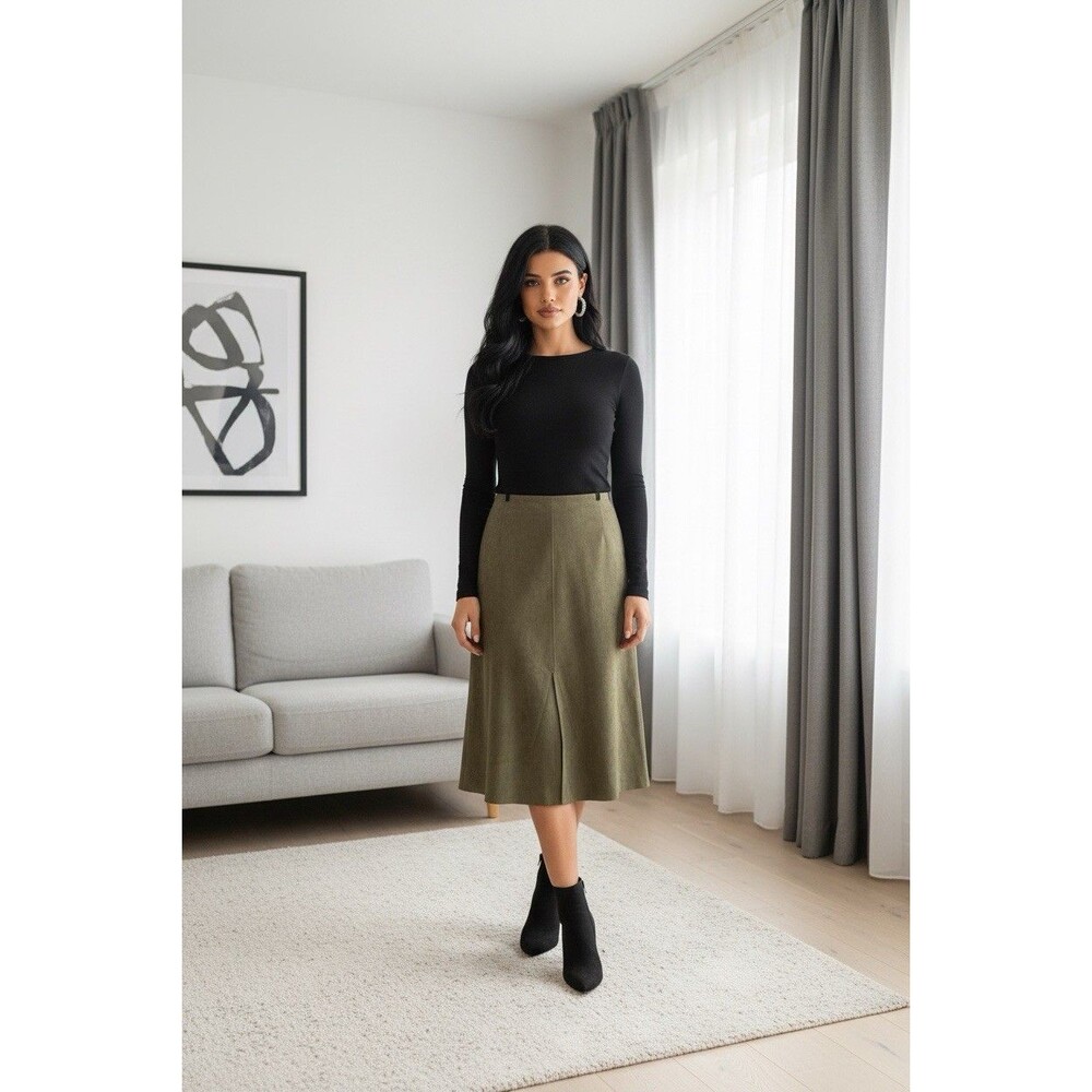 Allison Morgan Olive Green Faux Suede Women’s Midi A-line Skirt Size L